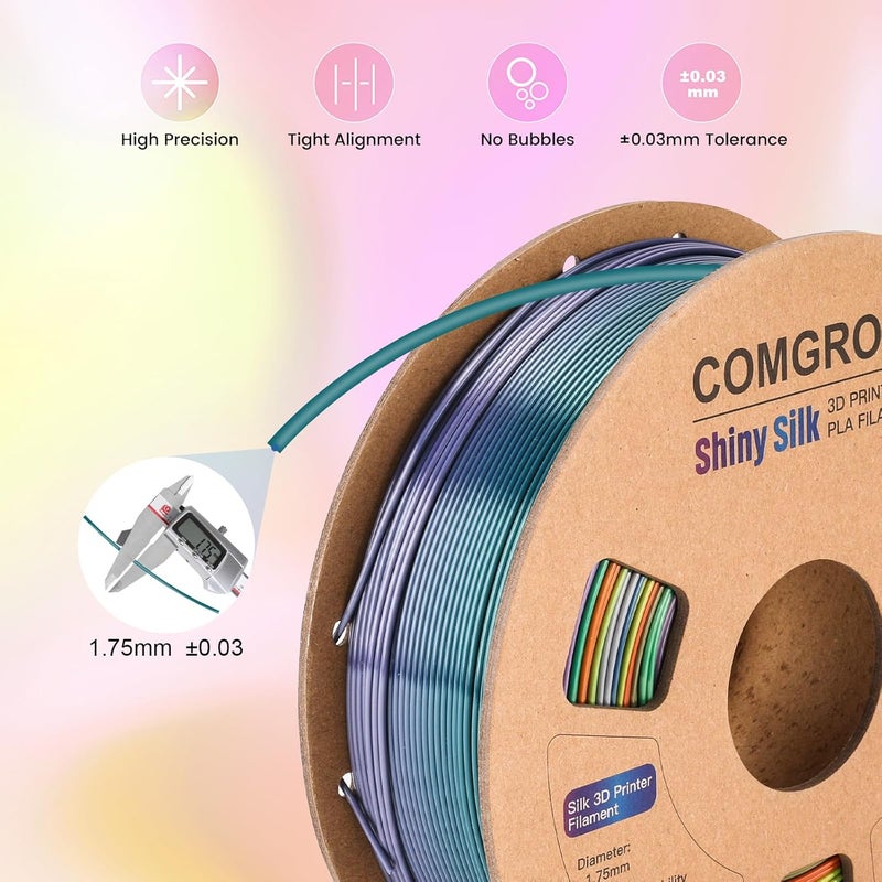 Comgrow Rainbow Colors Silk PLA 3D Printer Filament, PLA Filament 1.75mm, Dimensional Accuracy +/- 0.02 mm, 1KG Spool, Coextrusion 3D Filament with Shiny Silk Rainbow Yellow - Image 3